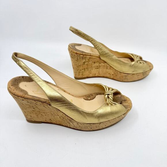 CHRISTIAN LOUBOUTIN Red Bottoms Gold Slingback Peep Toe Cork Platform Wedges - Picture 2 of 11